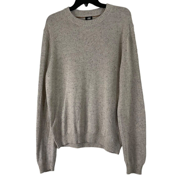 H&M Men's Large Knit Sweater Beige Elbow Patches Cotton Wool Blend - Picture 1 of 10